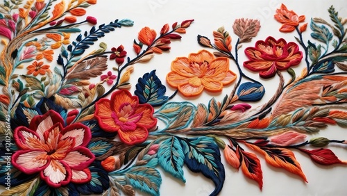 1. **Seamless Pattern of Decorative Textile with Colorful Embroidered Flowers**