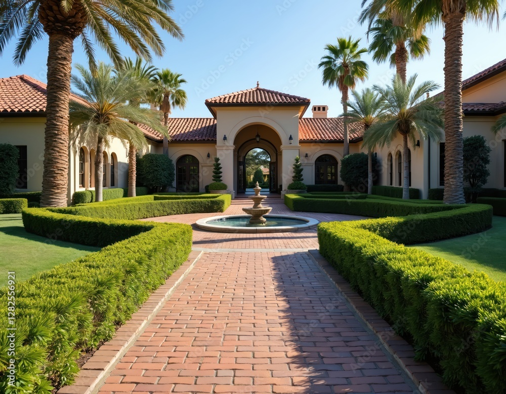 Obraz premium Large luxury house with brick walkway surrounded by trimmed bushes, palm trees. Sunny exterior with summer clear sky. Residential estate features landscaped garden, fountain, building with roof tile.