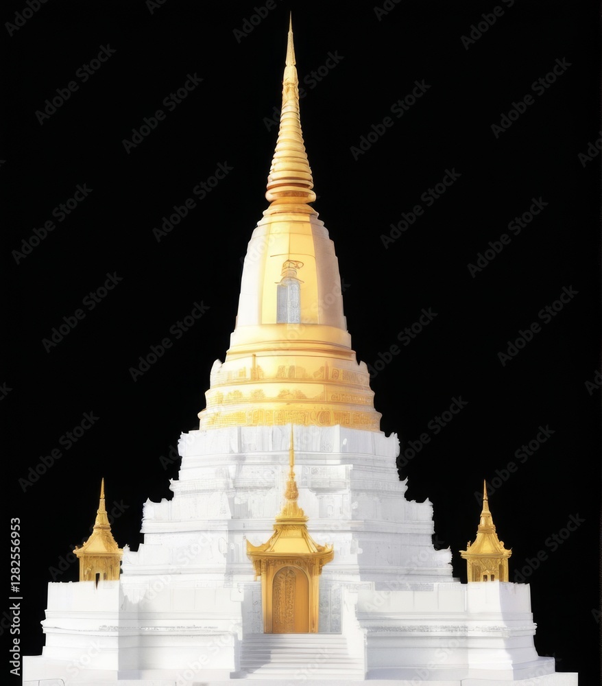 Naklejka premium Luxurious and ornate 3D rendering of Buddhist temple with golden spire on black background, adorned with intricate designs