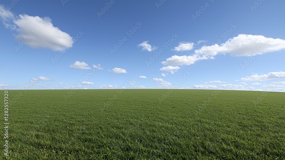 Bright Sunny Day Over Lush Green Field Under Blue Sky with Fluffy Clouds Bright Sunny Day Over Lush Green Field Under Blue Sky with Fluffy Clouds