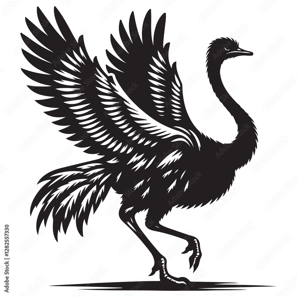 Fototapeta premium Ostrich with wings outstretched Silhouette Vector Illustration, Solid White Background.