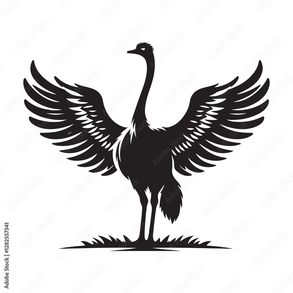 Fototapeta premium Ostrich with wings outstretched Silhouette Vector Illustration, Solid White Background.