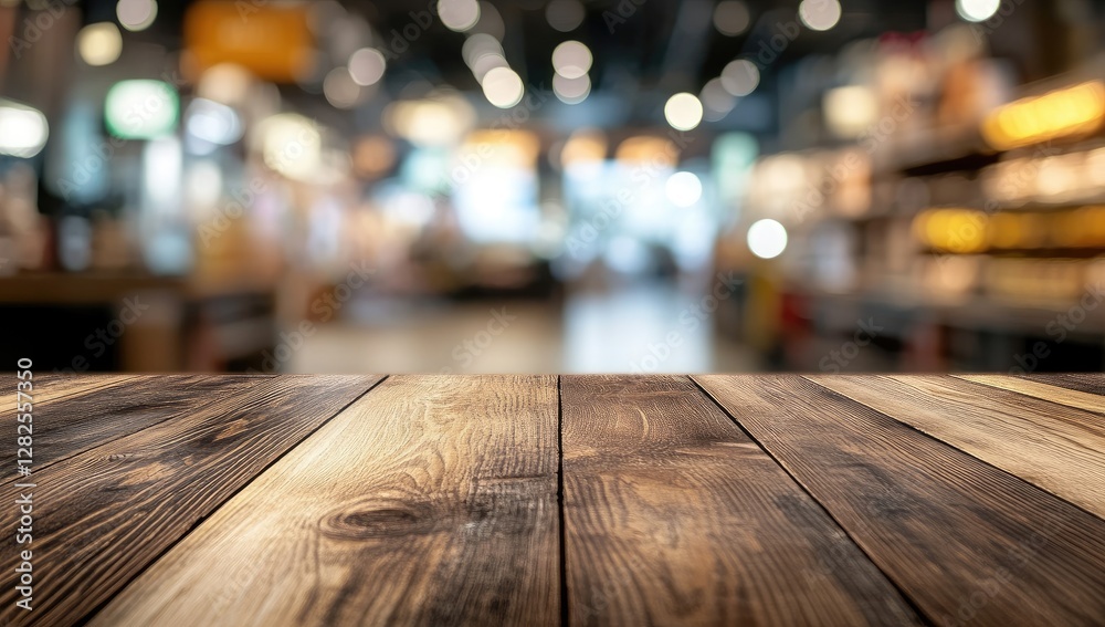 Rustic wood table, blurred cafe background, product display Rustic wood table, blurred cafe background, product display