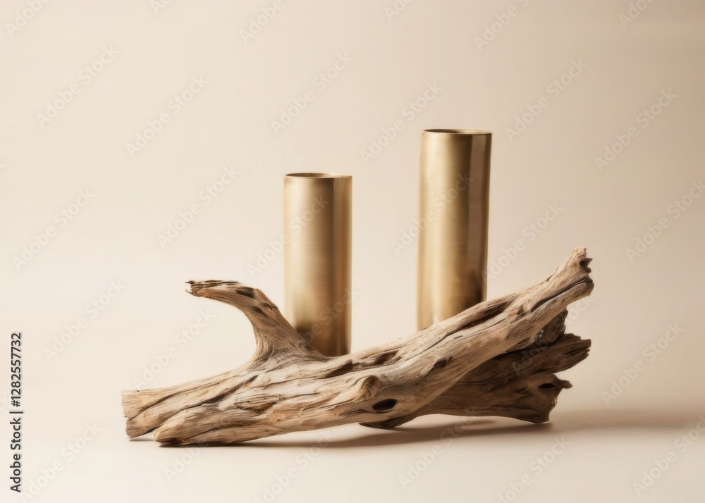 Minimalistic and modern image showcasing tall cylindrical vases with gold base on weathered driftwood, set against plain background. Minimalistic and modern image showcasing tall cylindrical vases with gold base on weathered driftwood, set against plain background.