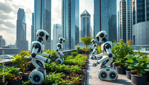 AI-powered gardening robots tending to a lush rooftop garden in a futuristic smart city, surrounded by skyscrapers 2