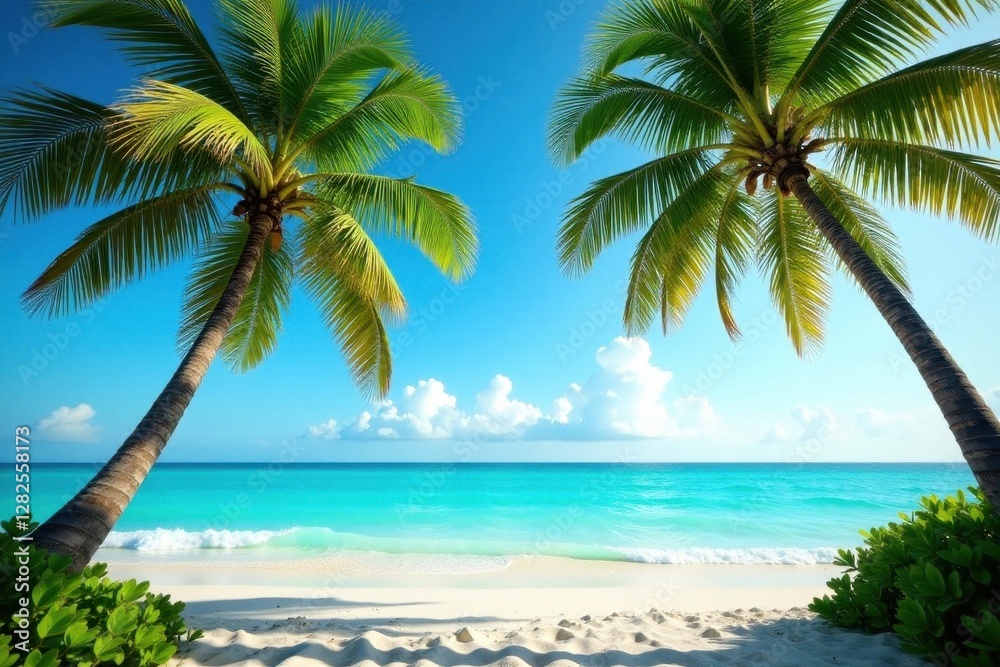 Fototapeta premium Leaning palm trees frame turquoise ocean waves, ocean view, nature, scenic