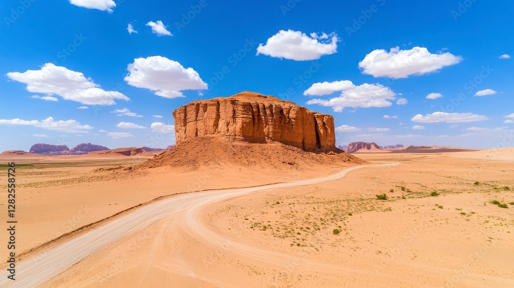 Majestic Desert Landscape with Rock Formation and Clear Blue Sky Majestic Desert Landscape with Rock Formation and Clear Blue Sky