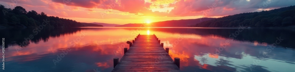 Fototapeta premium Wooden dock extending into calm lake at sunset; vibrant colors , autumn, evening