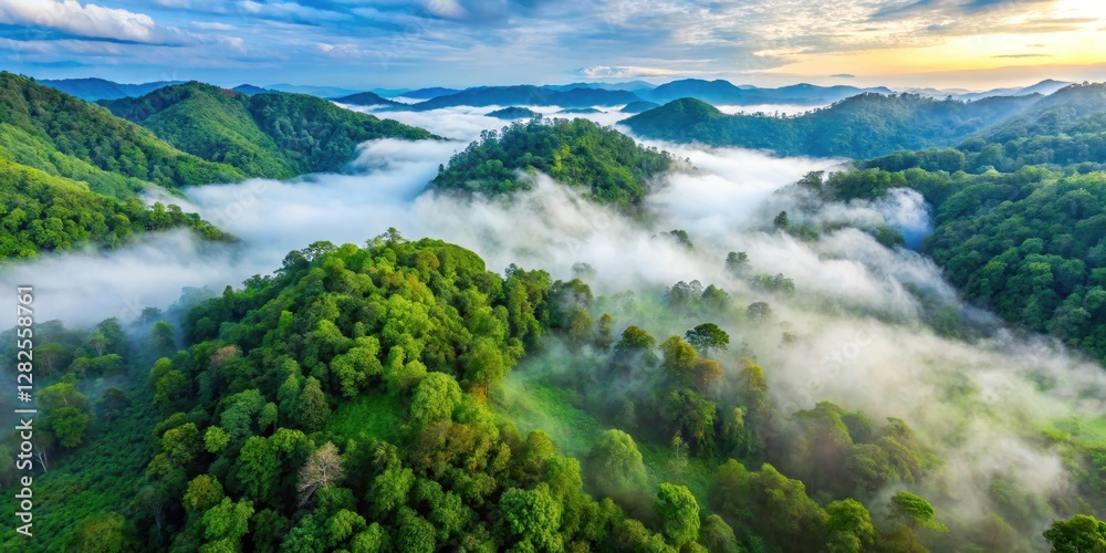 Naklejka premium Aerial view of lush green forest with fog in Nan province, nature, natural beauty, nature, natural beauty, fog, atmosphere, misty