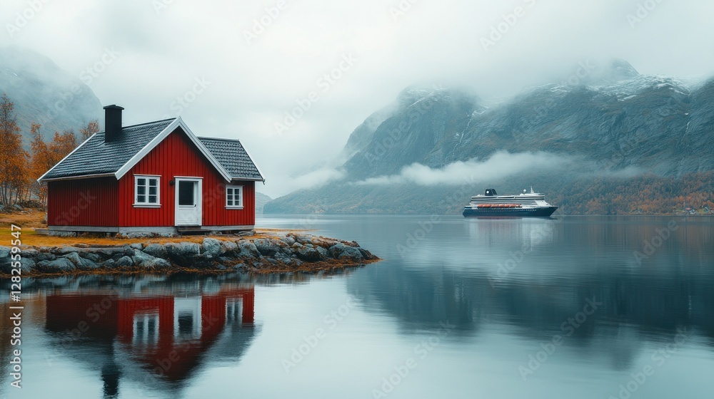 Fototapeta premium Misty fjord landscape, red cabin, cruise ship, autumn