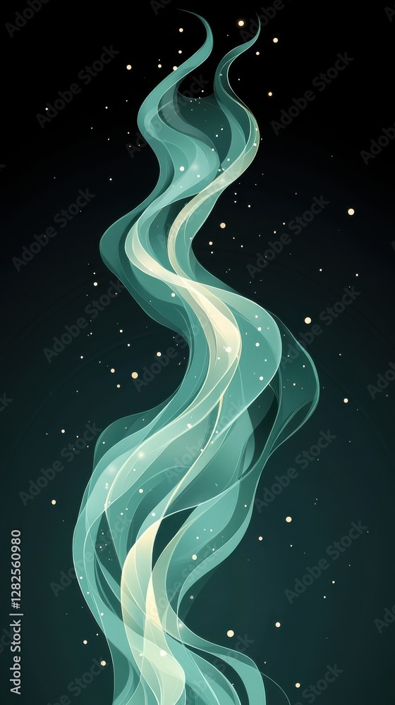 Abstract digital illustration of fluid wavy lines in teal and white against a deep blue background with scattered yellow dots Abstract digital illustration of fluid wavy lines in teal and white against a deep blue background with scattered yellow dots