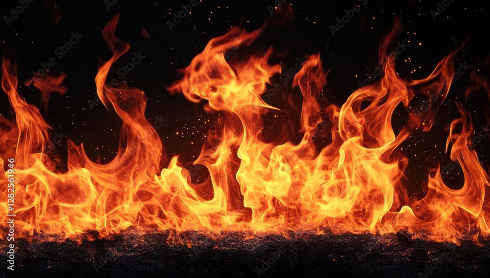 Fiery flames burning intensely against dark background, ideal for design Fiery flames burning intensely against dark background, ideal for design