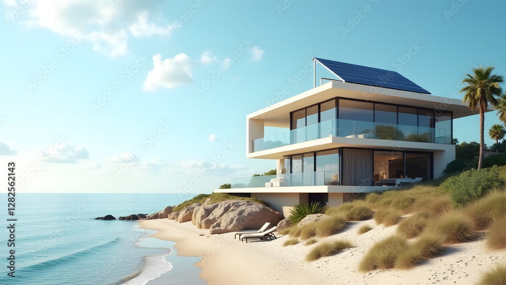 Fototapeta premium A house facade on the coast, with salt-resistant solar panels. The modern design and coastal landscape highlight the durability and efficiency of solar energy in humid, salty conditions.