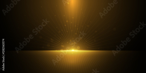 Vector illustration gold light ray, stage scene for luxury poster, template premium award design. Abstract elegant golden, glow with glitter, lighting effect sparkle on black background.