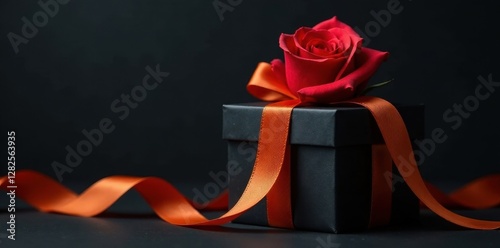 Elegant black gift box, orange ribbon, single rose Dark background , stylish, image