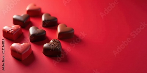 Heart-shaped chocolates arranged on red background, food, dessert, delicious