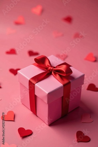 Red heart confetti, pink gift box, Valentine's theme , day, february