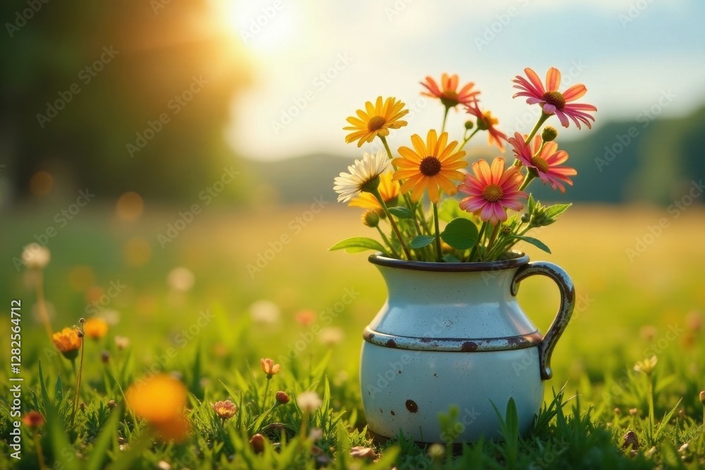 custom made wallpaper toronto digitalSun-kissed wildflowers in a weathered milk churn; a nostalgic summer scene , summer bouquet, floral