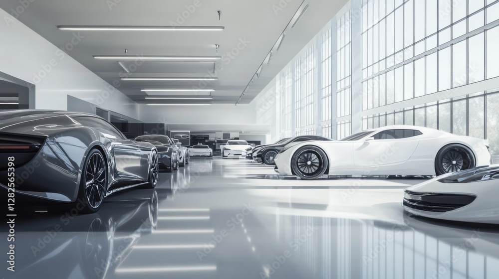 An empty dealership with sleek cars on display in a spacious showroom. Featuring minimalist decor An empty dealership with sleek cars on display in a spacious showroom. Featuring minimalist decor
