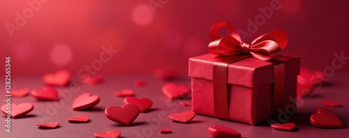 Elegant red ribboned gift box, hearts surround , giftwrap, decoration, romance