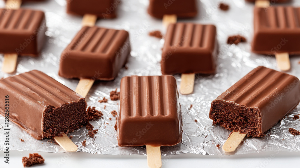 Ice cream factory, Close-up image of individually wrapped ice cream bars showcasing high fidelity details. Ice cream factory, Close-up image of individually wrapped ice cream bars showcasing high fidelity details.