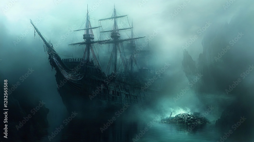 Enigmatic Ghost Ship in Misty Waters Enigmatic Ghost Ship in Misty Waters
