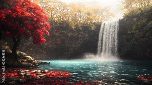 Autumn Waterfall Landscape with Red Maple Tree