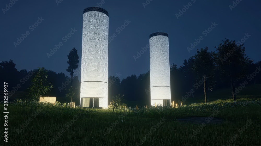 Illuminated Cylindrical Structures in a Nighttime Landscape Illuminated Cylindrical Structures in a Nighttime Landscape