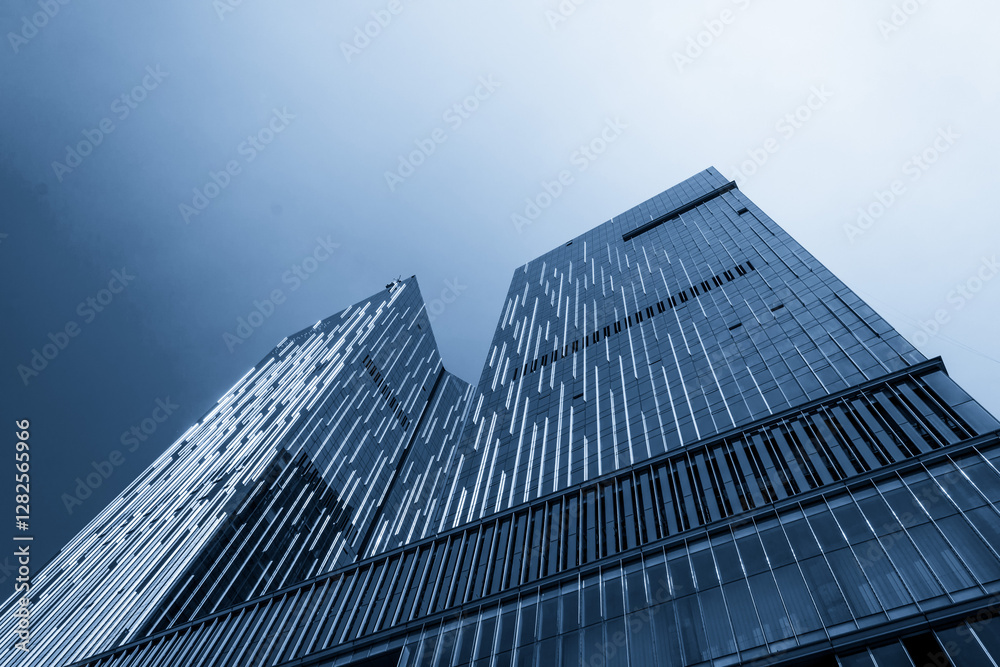 Captivating Perspective of Modern Skyscrapers Under a Blue Sky Captivating Perspective of Modern Skyscrapers Under a Blue Sky