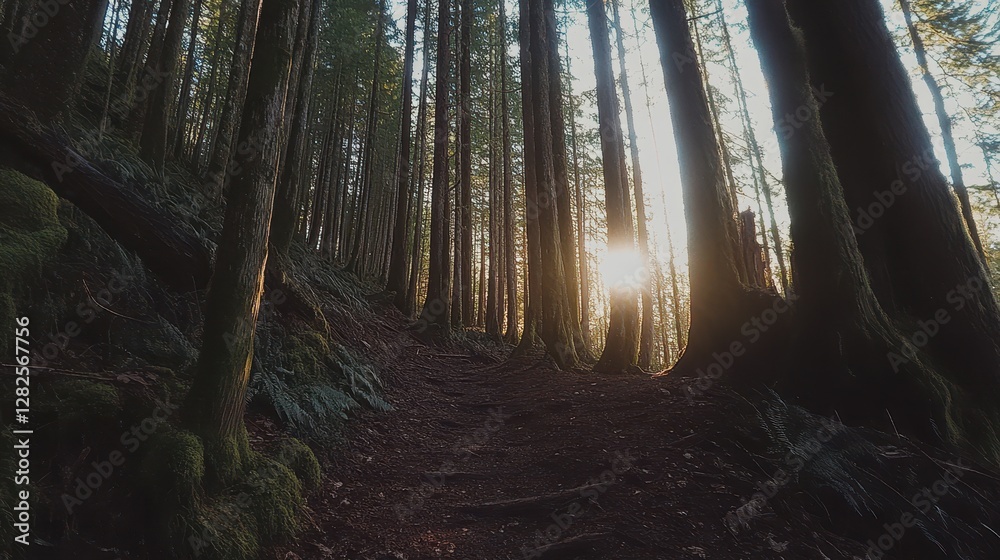 Obraz premium Forest Trail Sunlit Path Through Tall Trees
