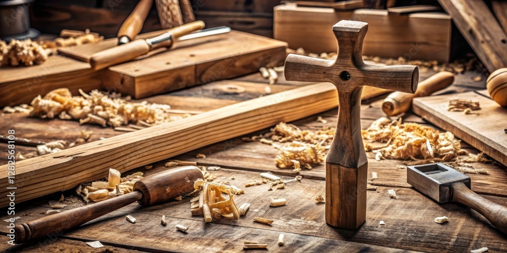 A wooden cross with a hammer lying on a workbench in a carpentry shop, surrounded by tools and wood shavings, carpentry A wooden cross with a hammer lying on a workbench in a carpentry shop, surrounded by tools and wood shavings, carpentry
