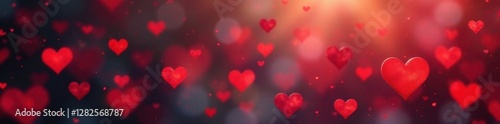 Scattered red hearts, blurred bokeh background, vintage, abstract