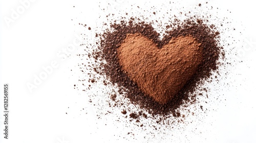 Heart shape created with cocoa powder on a white background for food and dessert themes