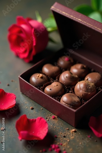 A box of chocolates next to a single, perfect rose, item, occasion, luxury