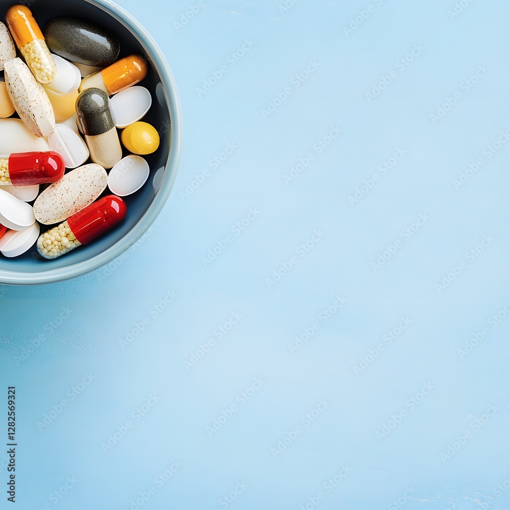 Bowl of pills and health supplements on a blue surface with magazine for health and wellness information Bowl of pills and health supplements on a blue surface with magazine for health and wellness information
