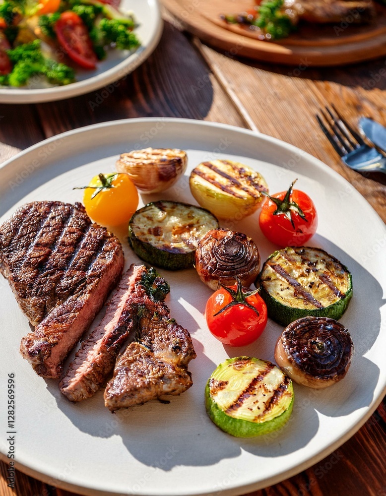 春の陽光の中、木製テーブルに置かれたステーキと春野菜が魅力的なバランスを見せる

