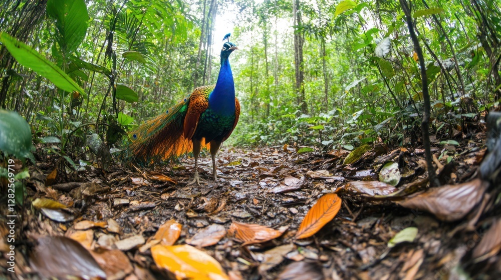 Majestic Indian Peafowl in Lush Rainforest Majestic Indian Peafowl in Lush Rainforest