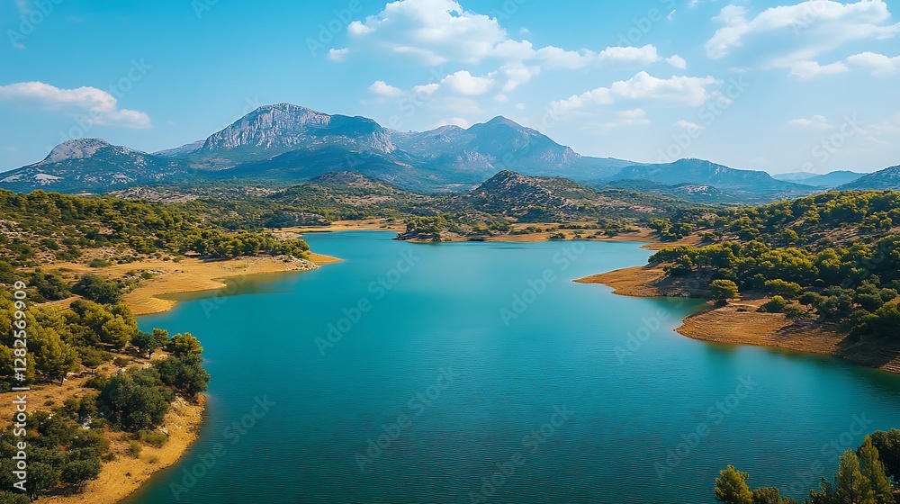 Obraz premium Turquoise lake, mountains, summer, aerial view, nature