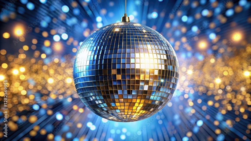Obraz premium Glittering silver disco mirror ball suspended from the ceiling amidst a halo of blue and gold reflections, creating an aura of luxury and glamour , blue and gold reflections, shining ball