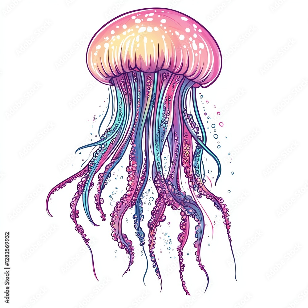 Fototapeta premium Cute jellyfish with long tentacles design for T-shirt POD print on demand on white background