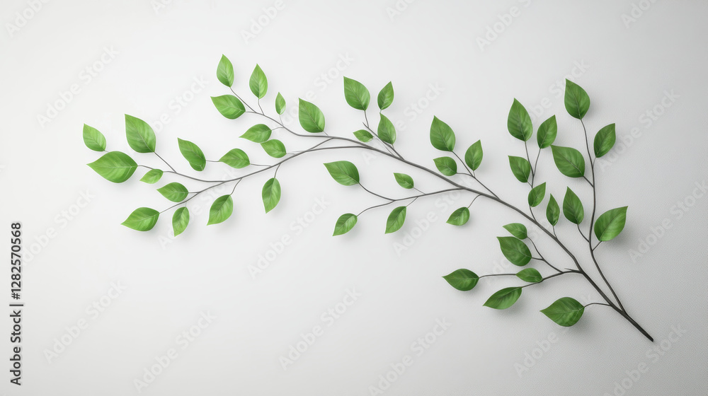 Obraz premium Green Leaf Branch with Fresh Leaves on Minimalist White Background