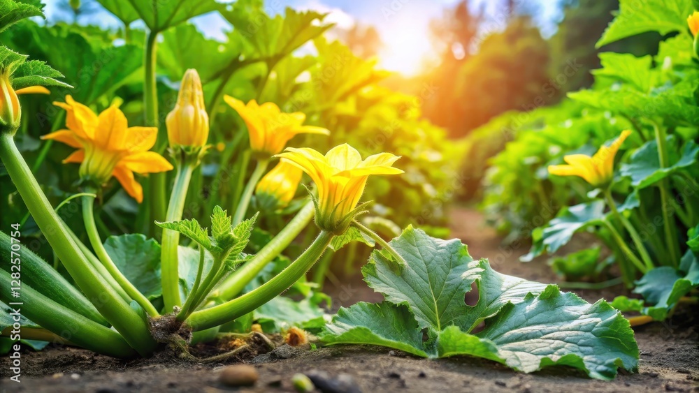 Sunny afternoon in a lush vegetable garden with vibrant yellow flowers and green leaves of a healthy zucchini plant growing amidst other vegetables and vines , vegetables, green leaf Sunny afternoon in a lush vegetable garden with vibrant yellow flowers and green leaves of a healthy zucchini plant growing amidst other vegetables and vines , vegetables, green leaf