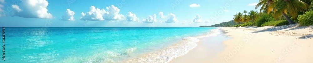 Azure water shimmers; soft sand reflects sunlight; distant palms , vacation, bright Azure water shimmers; soft sand reflects sunlight; distant palms , vacation, bright