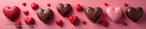 Assortment of heart-shaped chocolates, various colors , hearts, sweet treats