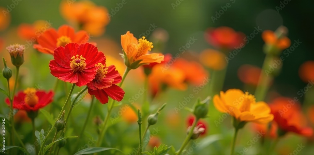 Close-up red & yellow wildflowers, NYC summer , urban, july, bright Close-up red & yellow wildflowers, NYC summer , urban, july, bright