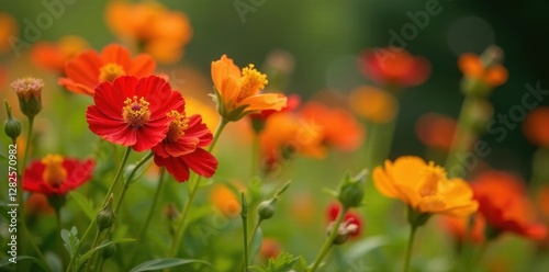 Close-up red & yellow wildflowers, NYC summer , urban, july, bright
