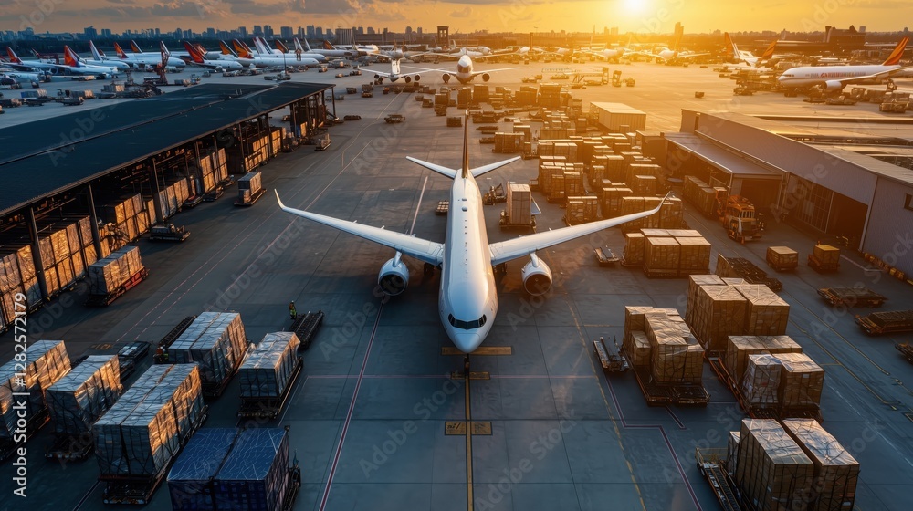 Obraz premium Aerial View of Busy Cargo Airport at Sunset with Airplanes and Shipping Containers Ready for Global Trade and Commerce Operations