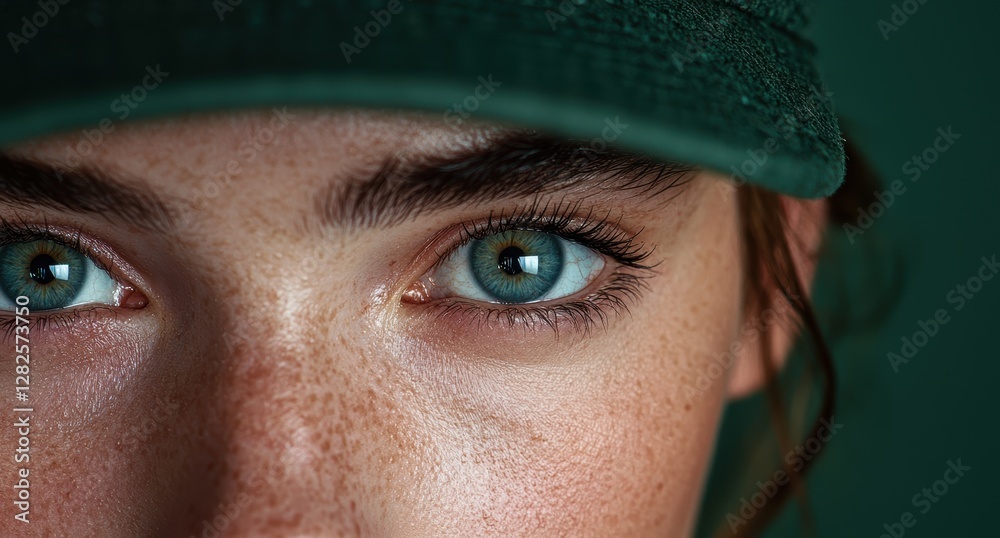 Close up of a woman's face with blue eyes and freckles wearing a green cap. Close up of a woman's face with blue eyes and freckles wearing a green cap.