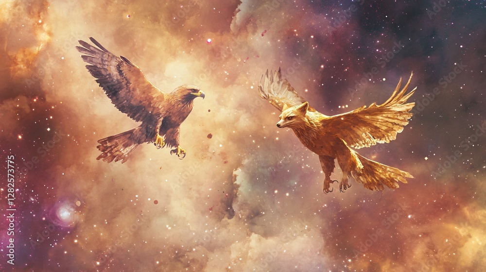 Fototapeta premium Celestial Eagle and Fox A Cosmic Encounter