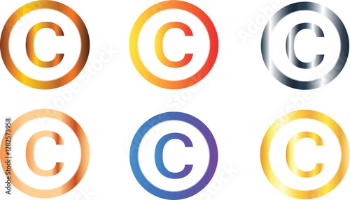 Set of six cent currency sign symbol icons logos with golden orange silver and blue colors Australian and New Zealand Dollar, South African Rand, West African CFA Centime, and Euro Divisions